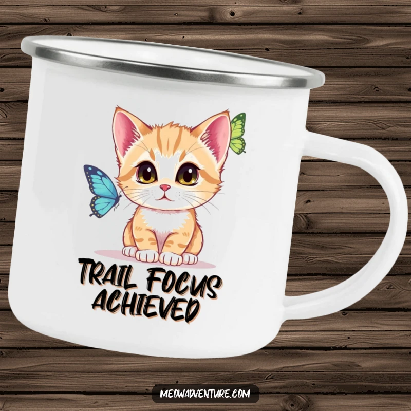 Funny Camping Mug with a kitten intently watching a butterfly, a perfect companion for quiet observation in nature.