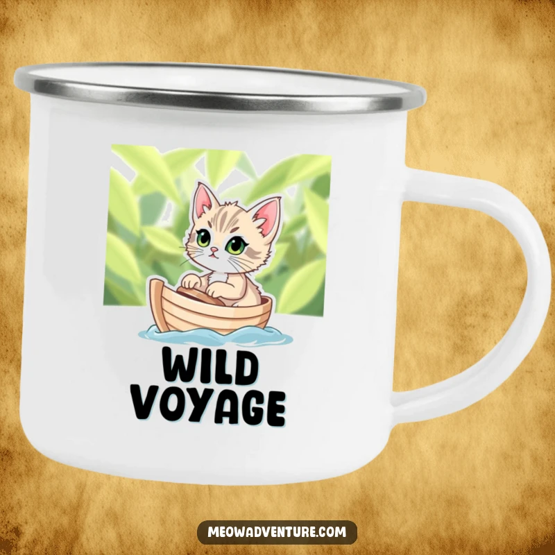 Funny camping mug with a determined kitten sailing on a tiny leafy boat, for brave adventures and outdoor humor.