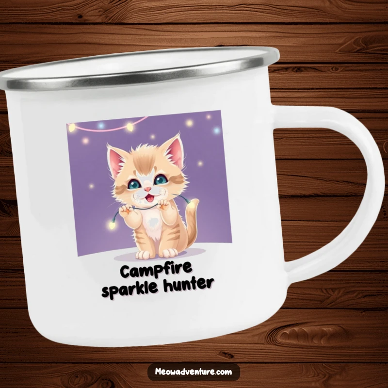 Funny enamel camping mug with a mischievous kitten batting at a string of twinkling fairy lights.