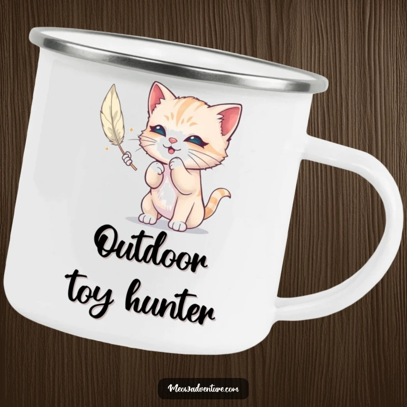 Funny camping mug showing a mischievous kitten batting at a floating feather, perfect for enjoying drinks on the go with a humorous touch.