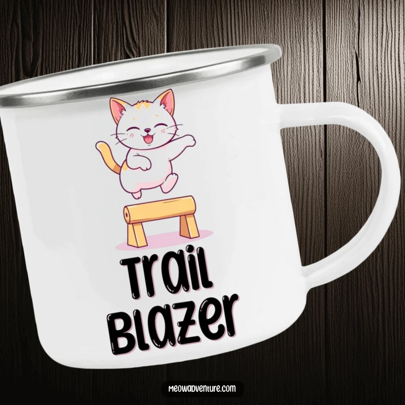Funny playful cat leaping gracefully over an imaginary obstacle on a sturdy camping mug, a humorous and rugged funny gift.