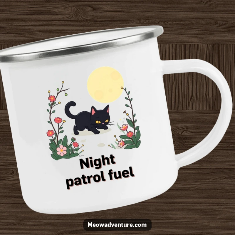 Funny Stealthy Black Cat Garden Camping Mug showing a black cat sneaking through a moonlit garden. A durable and amusing mug.
