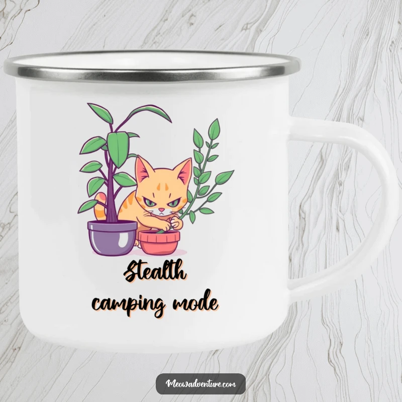 Funny camping mug featuring a stealthy cat with intense focus, hiding behind a houseplant, ready for any outdoor mission.