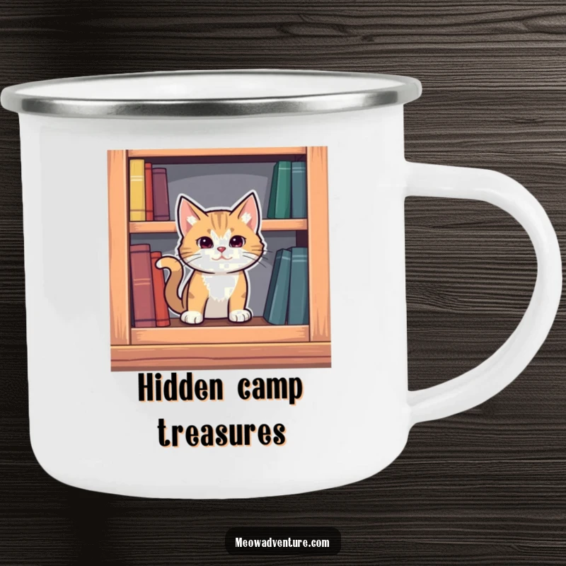 Funny mysterious cat emerging from a secret compartment in a bookshelf, on a durable camping mug for outdoor fun.