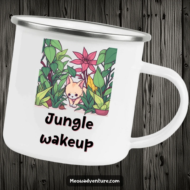 Funny camping mug showing a stealthy cat creeping through oversized houseplants, for jungle explorers.