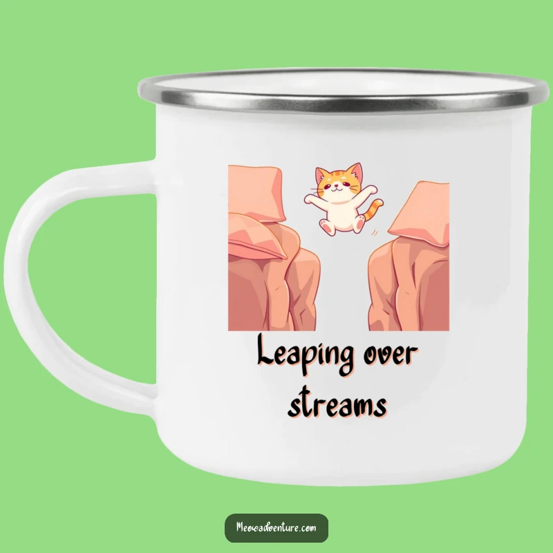 Funny Adventurous Cat Cushion Leap Camping Mug: Fuel Your Expeditions