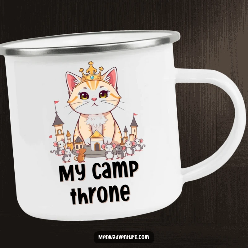 Funny camping mug: a regal cat surveying its miniature kingdom of toy mice, ready to command any outdoor journey.