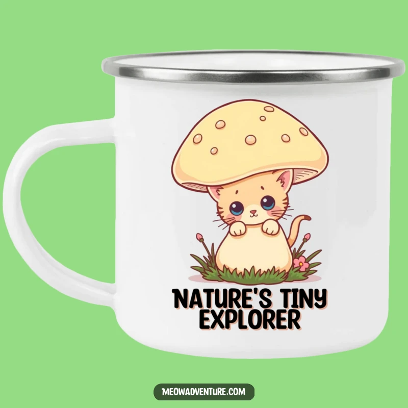 Funny Curious Kitten Camping Mug: Mushroom Adventure, Hilarious Outdoor Gift
