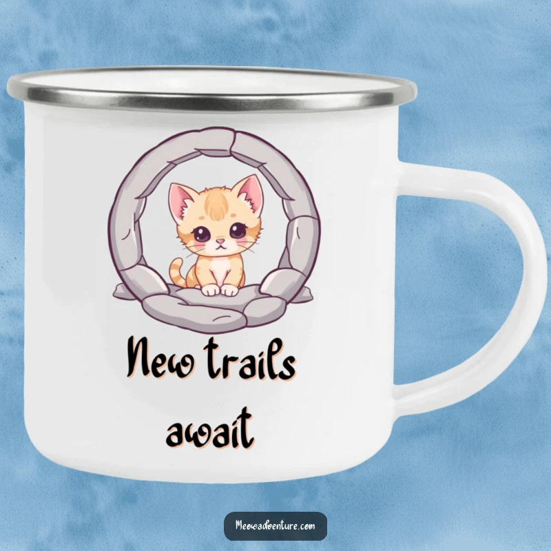 Funny camping mug, a curious kitten character peering into a mysterious portal, perfect for mysterious sips during outdoor adventures.