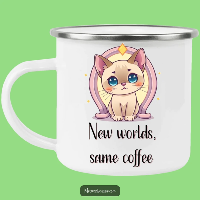 Funny Curious Siamese Cat Portal Camping Mug: Explore with this Magical Feline Friend