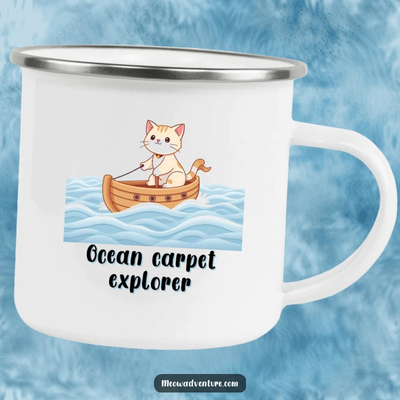 Funny camping mug featuring a brave cat steering a toy boat across a carpet ocean, ideal for outdoor humor.