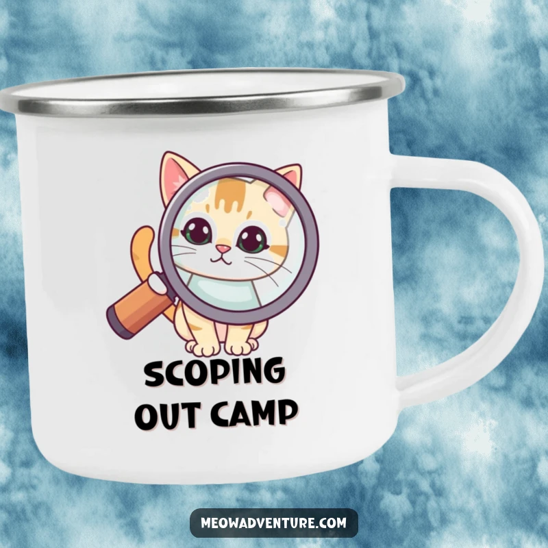 Funny camping mug with a cat intently using a large magnifying glass to explore the great outdoors, adding humor to any trip.