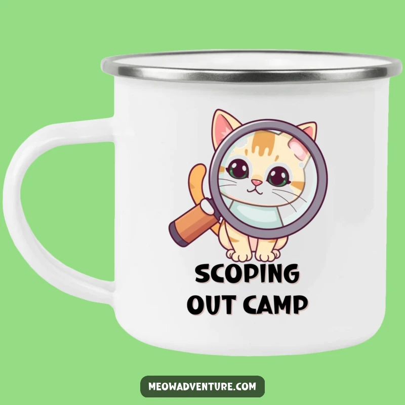 Funny Curious Cat Magnifying Glass Camping Mug: Explore the Outdoors with Humor