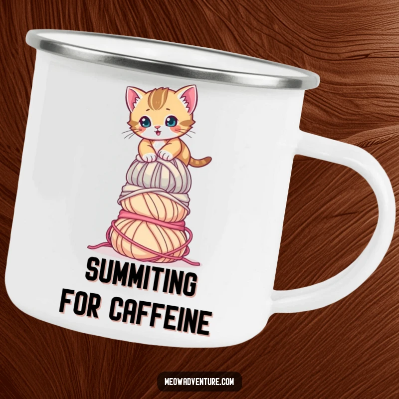 Funny Determined Kitten Yarn Camping Mug showing a brave kitten climbing a tall stack of yarn. A durable and amusing mug.