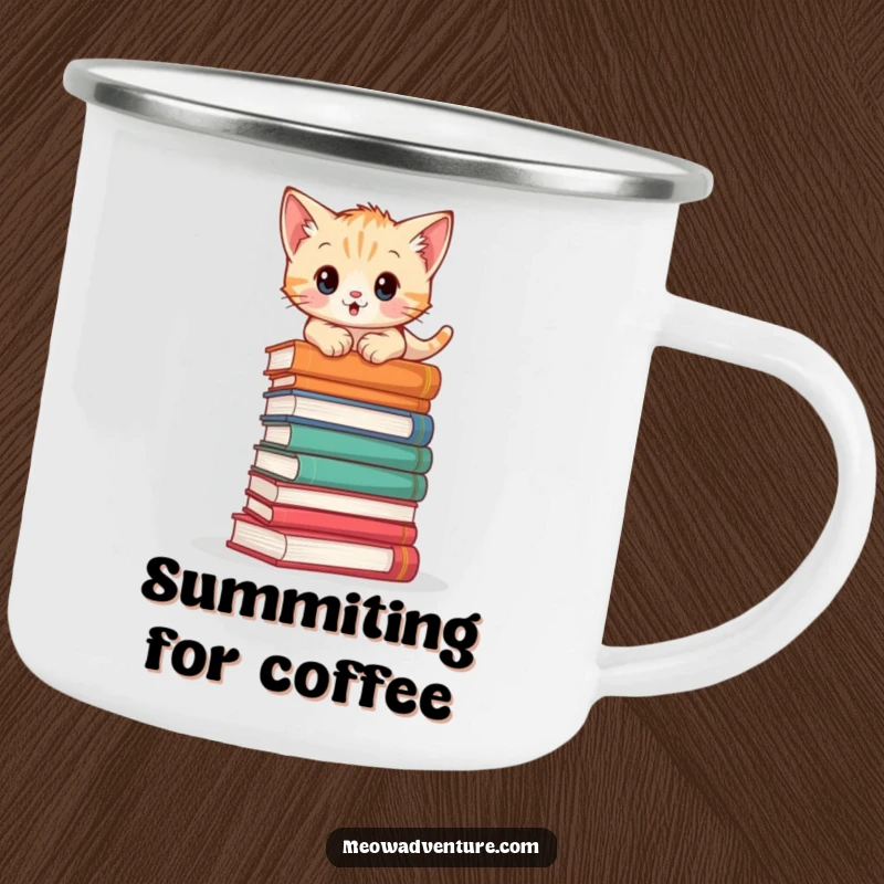 Adventurous kitten camping mug showing a cat climbing a stack of books, designed for durable and literary-themed outdoor enjoyment.
