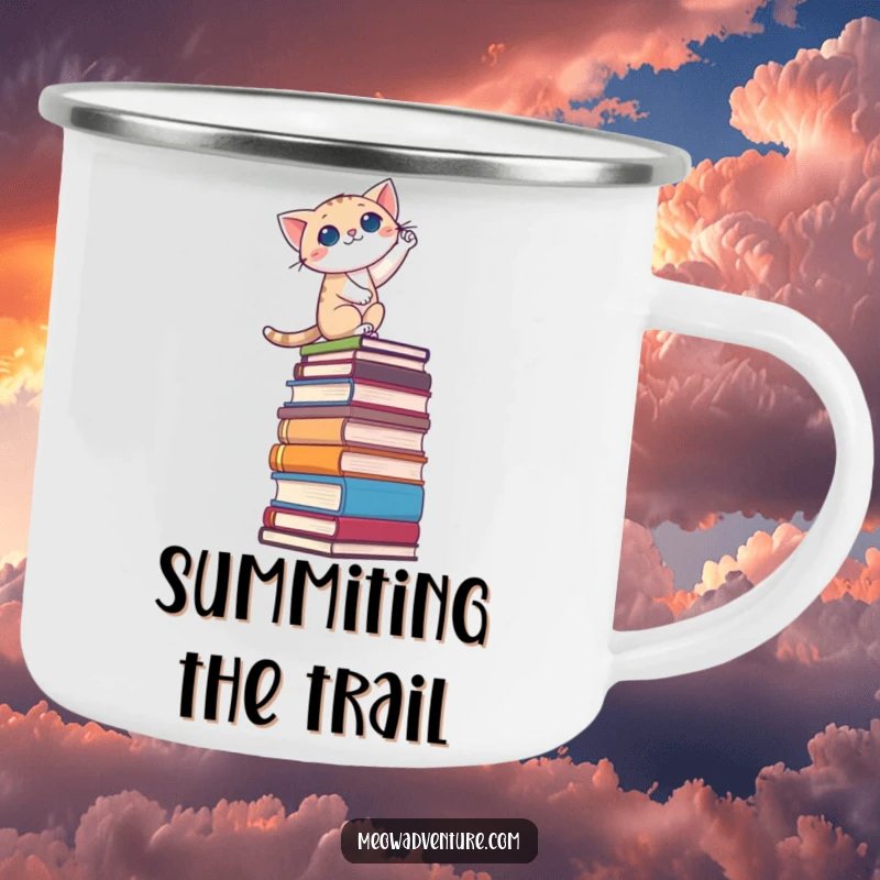 Funny camping mug with a cat bravely climbing a vast stack of books, perfect for book-loving adventurers.