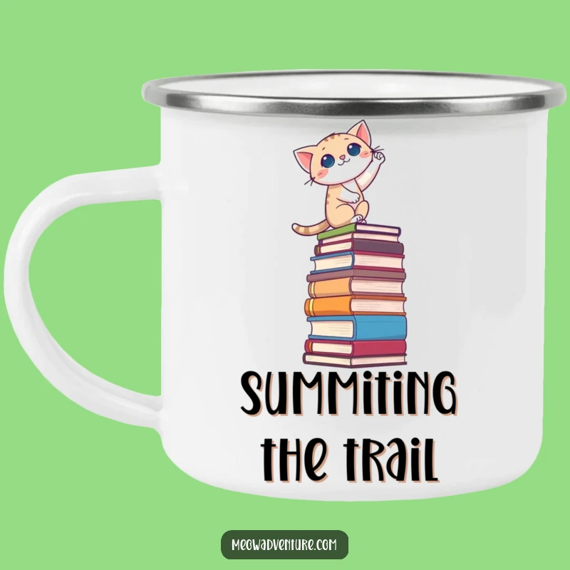 Funny Brave Cat Book Stack Camping Mug: Fuel Your Adventures with Books