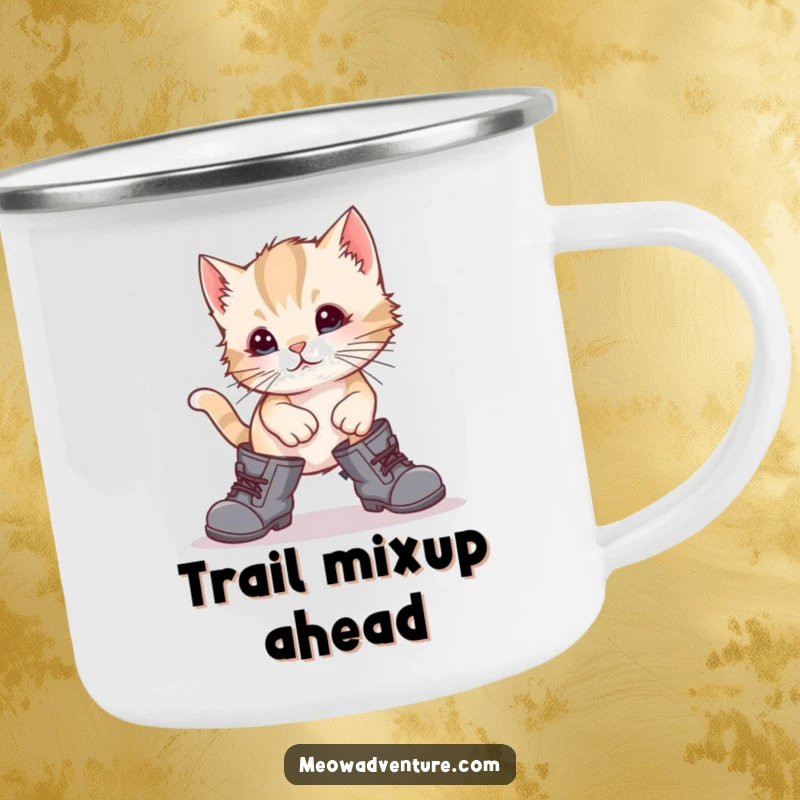 Funny kitten stumbling in oversized boots, printed on a rugged camping mug, for outdoor enthusiasts who love humor.