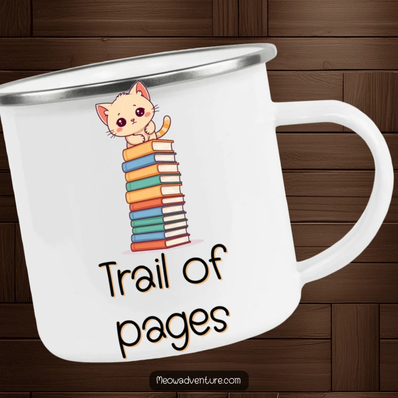 Funny kitten climbing a stack of books on an enamel camping mug, great for outdoor reading enthusiasts.