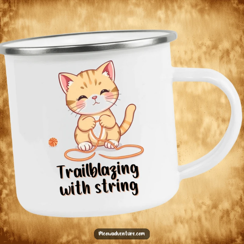 Funny cat camping mug, resourceful feline solving a yarn maze in nature, humorous outdoor gear, perfect funny gift for campers.