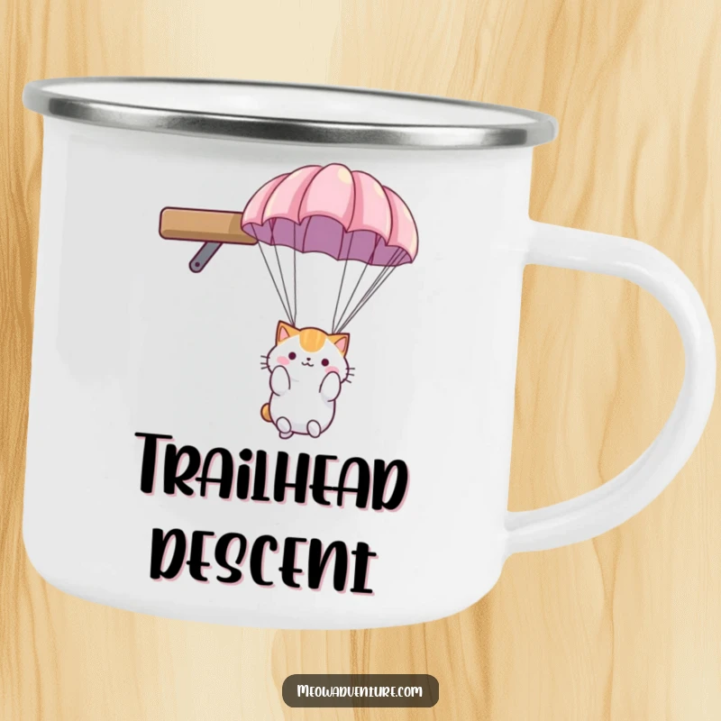 Funny cat camping mug: fluffy cat with a parachute, descending gently from a high shelf during a camping trip, looking adventurous.