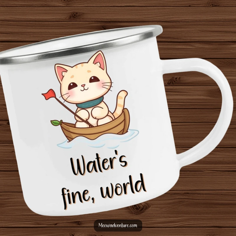 Funny cat sailing on a leaf boat, durable enamel camping mug, bringing humor to outdoor excursions.