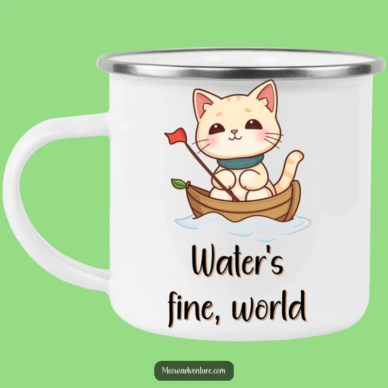 Funny Cat Leaf Boat Camping Mug: Hilarious Sailing Feline Enamel Mug for Outdoor Fun