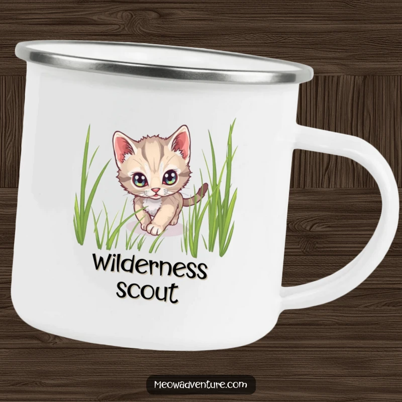 Funny camping mug featuring a stealthy kitten with wide, alert eyes tiptoeing through tall grass, ideal for nature.