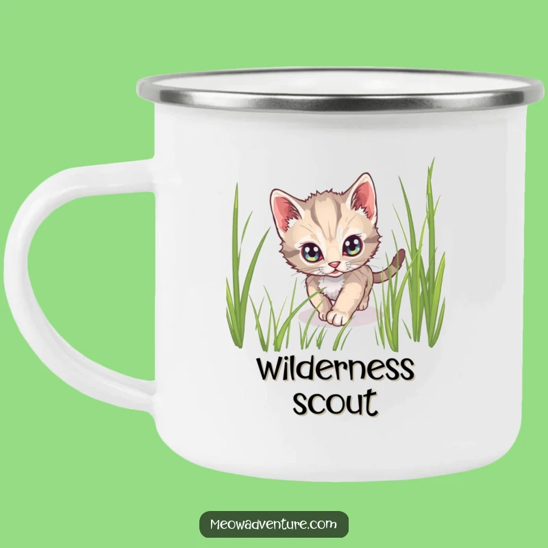 Funny Stealthy Kitten Camp Mug: Cunning Enamel Cup with Alert Cat, Perfect Outdoor Gift