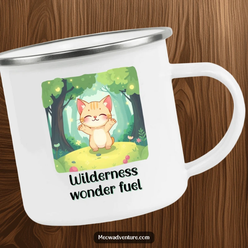 Funny enamel camping mug with a curious cat, paws outstretched, exploring a glowing, magical forest.