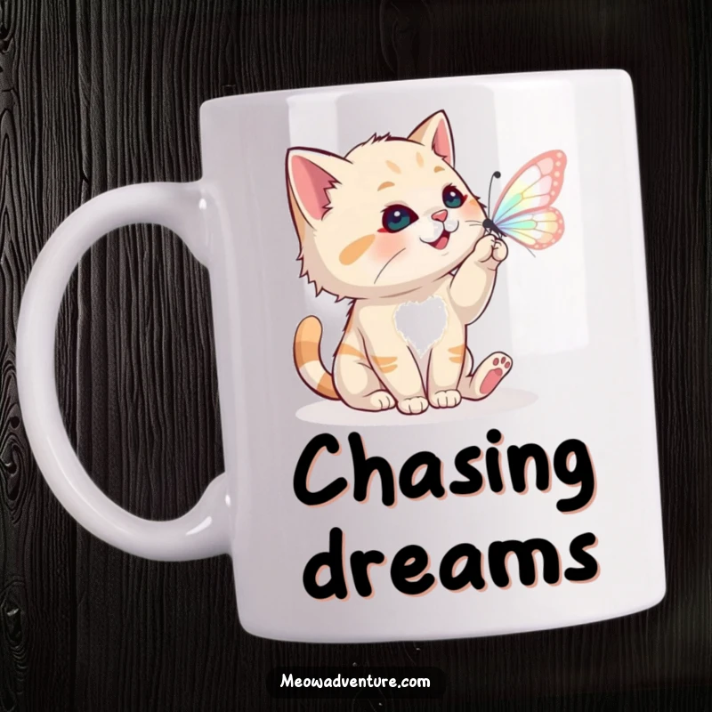 Funny cat mug showing a playful kitten batting at a shimmering, magical butterfly, symbolizing joy.