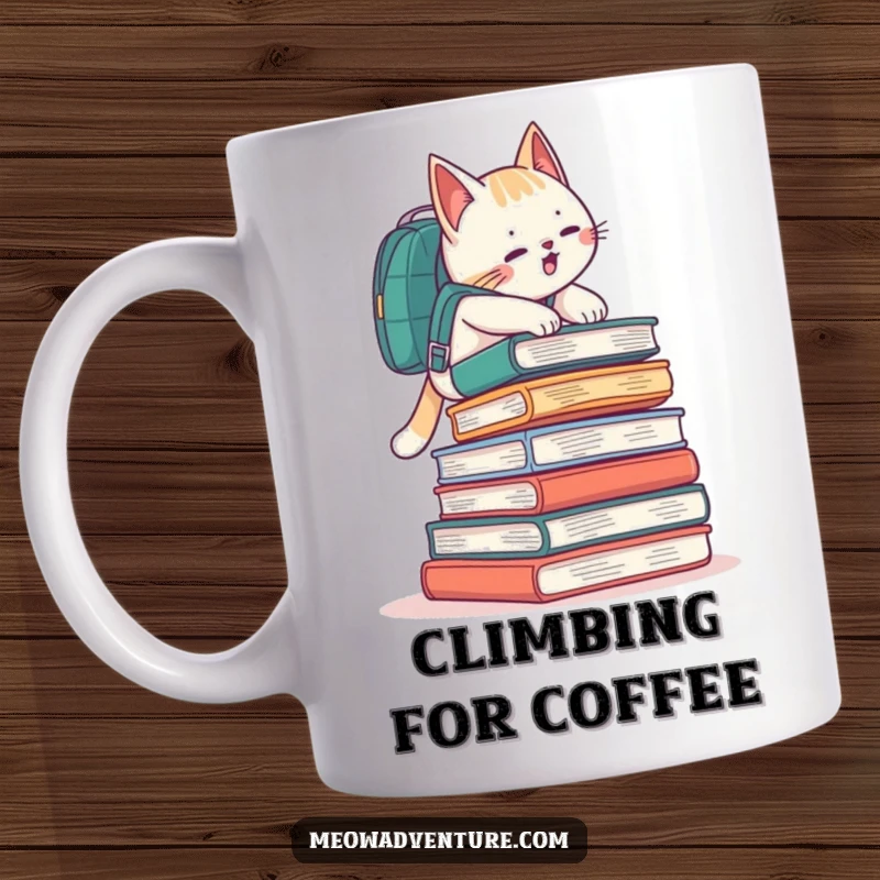 Funny playful cat wearing a backpack, climbing a tall stack of books like a mountain on a coffee mug.