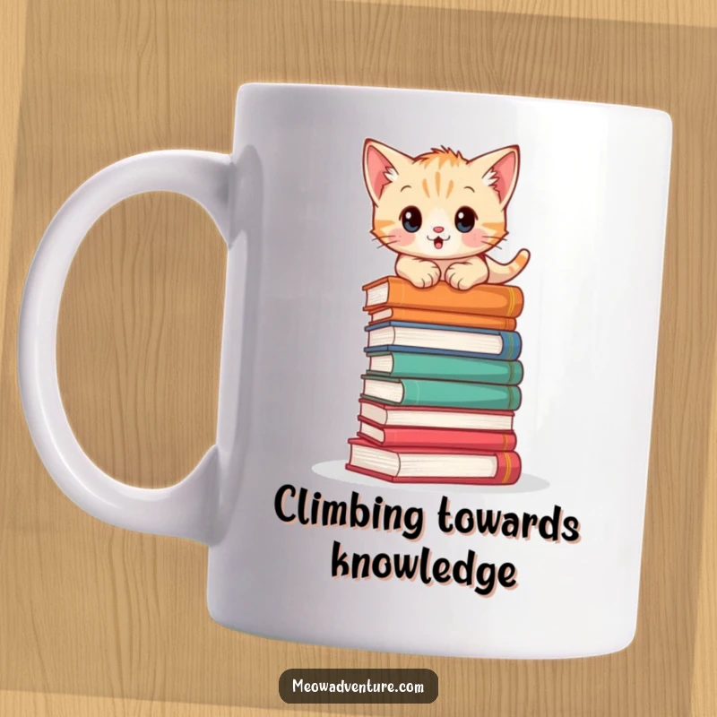 Adventurous kitten mug showing a brave cat precariously climbing a stack of books, symbolizing intellectual curiosity and daring.