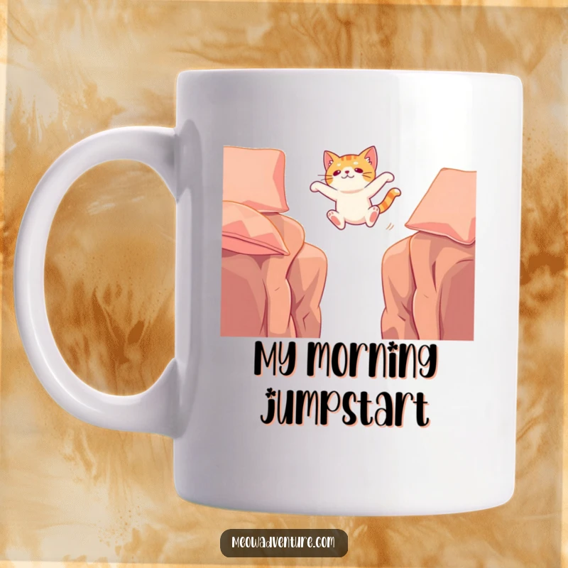 Funny mug depicting a cat bravely leaping across a wide gap between two plush cushions, showcasing extreme feline agility and humor.