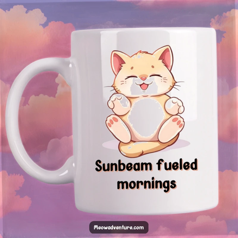 Funny Mug showcasing a kitten ecstatically rolling in a warm sunbeam, eyes closed in blissful, sleepy happiness.