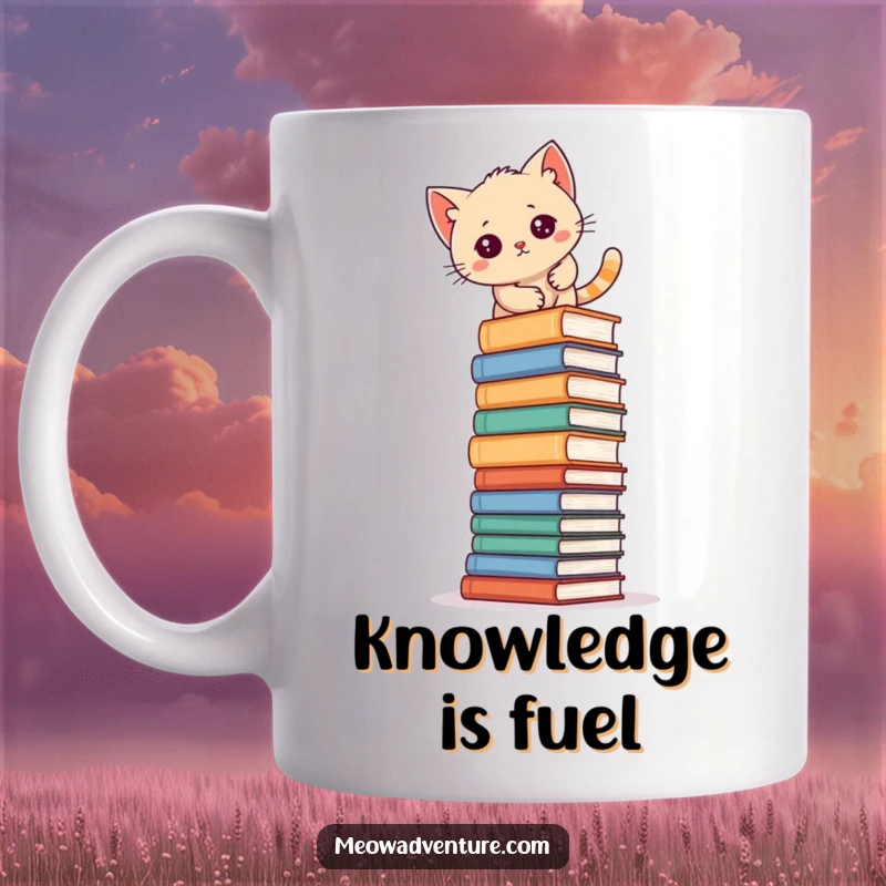 Funny kitten determinedly climbing a very tall stack of books on a mug, symbolizing ambition and knowledge.