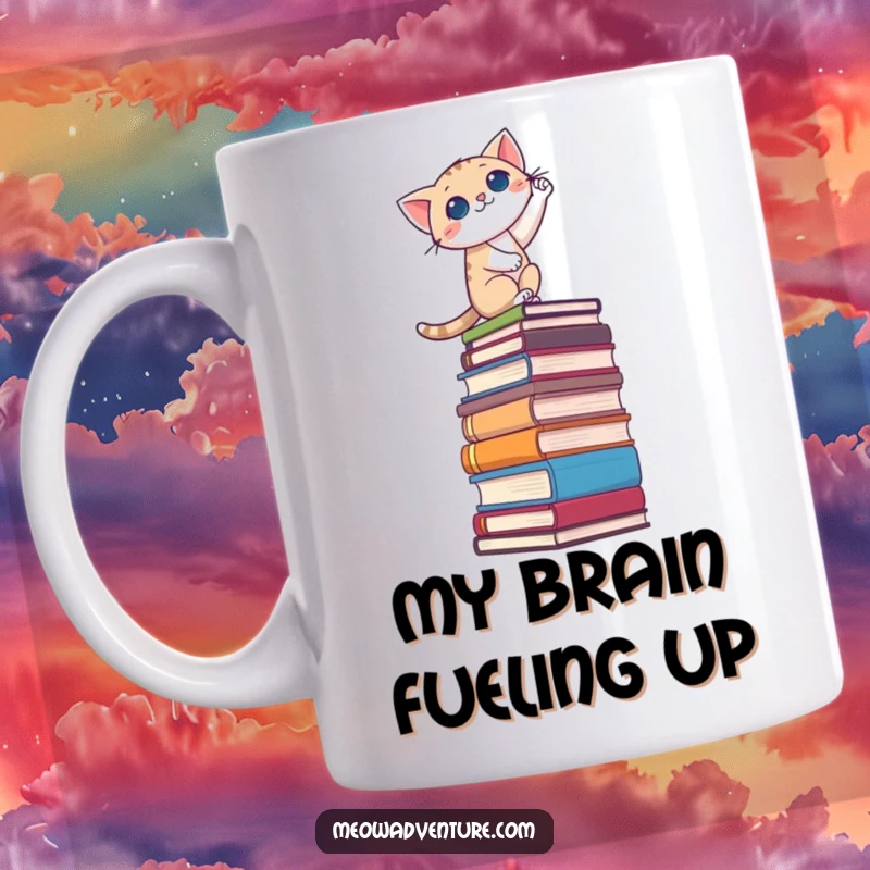Funny mug depicting a courageous cat climbing a massive, precarious tower of books, showcasing a love for knowledge and adventure.