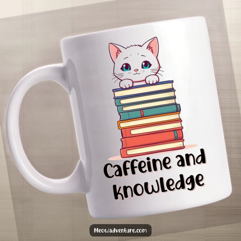 Funny Cat Books Mug featuring a curious white cat peeking over a massive stack of books, a delightful scene for readers.