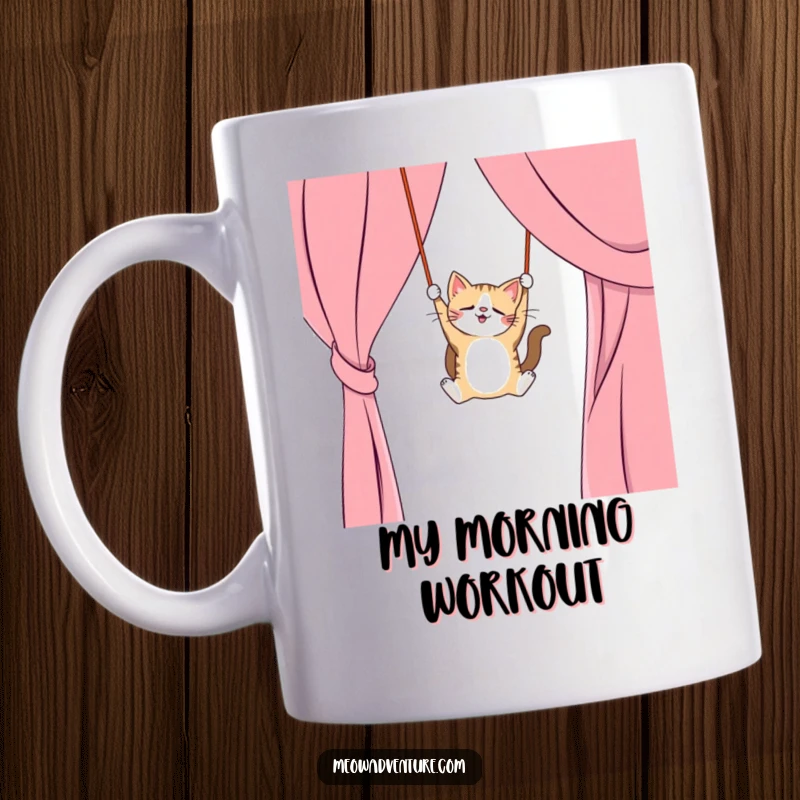 Funny mug featuring a mischievous cat swinging from a curtain like a trapeze artist, playful and daring, great funny gift.