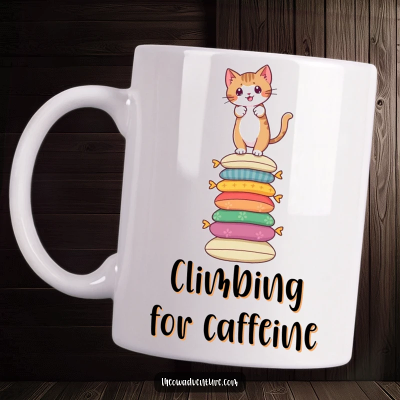 Funny cat mug showing a brave feline climbing a tall stack of colorful cushions, symbolizing adventure.