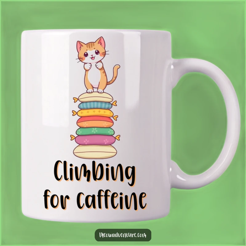 Funny Cat Cushion Climbing Mug - Brave Feline Adventure - Humorous Gift