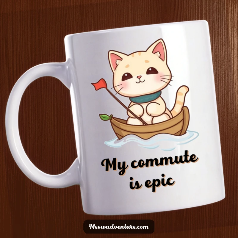 Funny cat sailing on a tiny leaf boat, looking adventurous and determined, perfect for a funny mug gift.