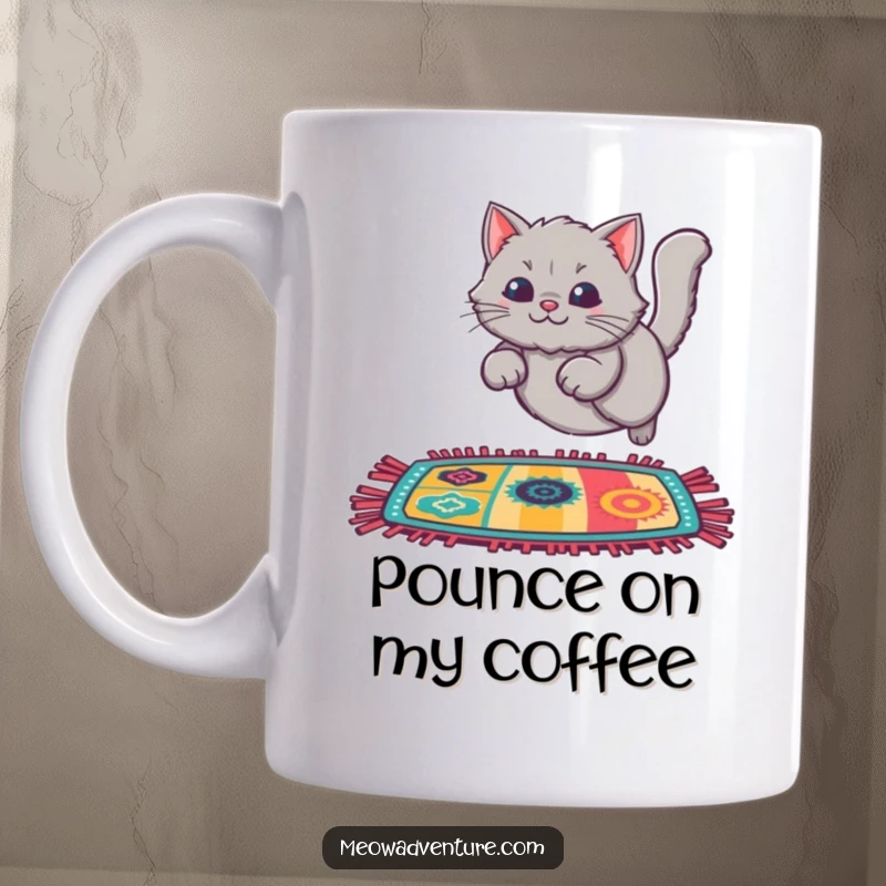 Funny Cat Rug Leap Mug featuring a fluffy grey cat mid-leap onto a vibrant, colorful rug, embodying playful joy.