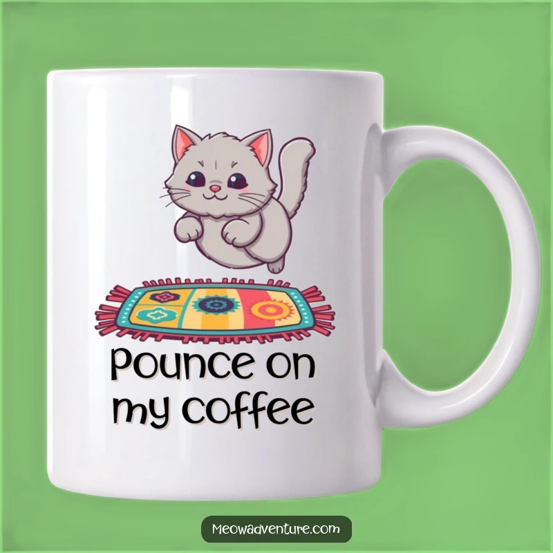 Funny Cat Rug Leap Mug: Hilarious Grey Cat's Joyful Jump for Drink Lovers
