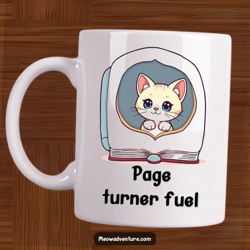 Funny cat mug with a curious feline peeking from a massive open book, symbolizing a love for reading and humor.
