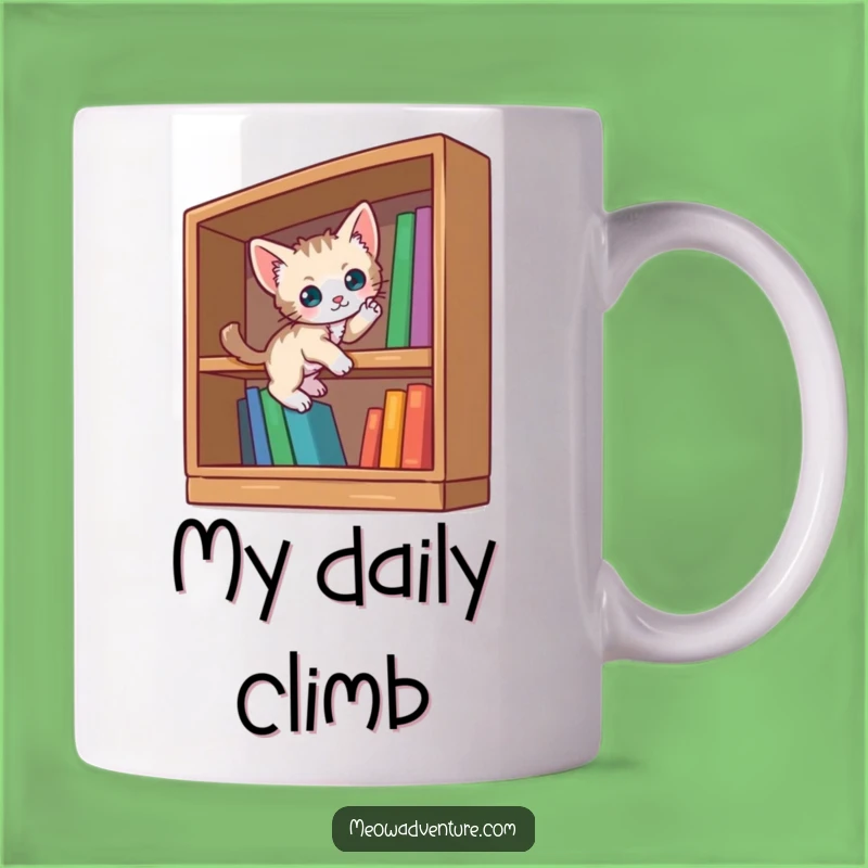 Funny Curious Kitten Mug: Bookshelf Scaling Adventure - Hilarious Bookworm Gift!