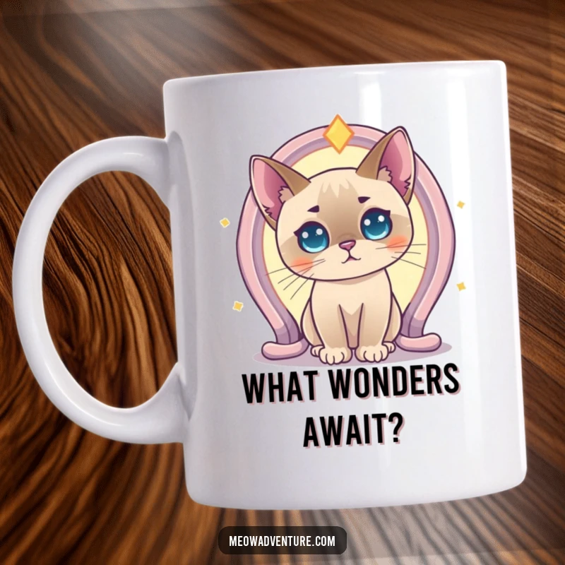 Funny Curious Siamese Cat Portal Mug showing a Siamese cat peering intently into a shimmering, magical glowing portal. A whimsical gift.