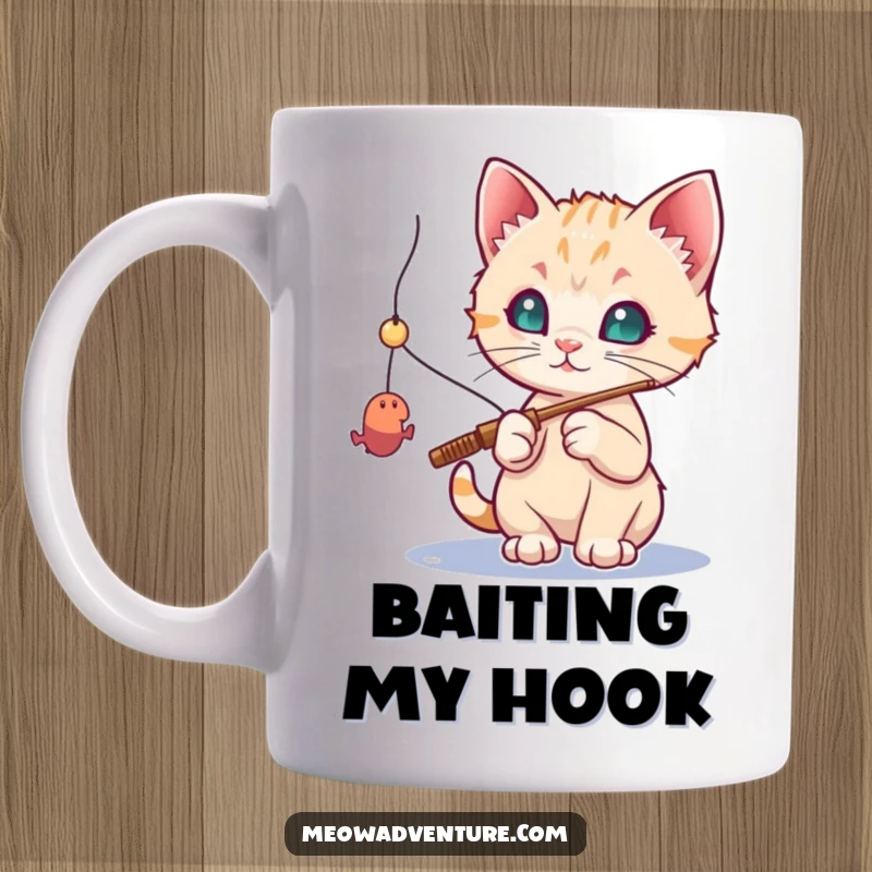 Funny kitten mug: a curious kitten holding a fishing rod, trying to catch a dangling toy mouse with intense focus.