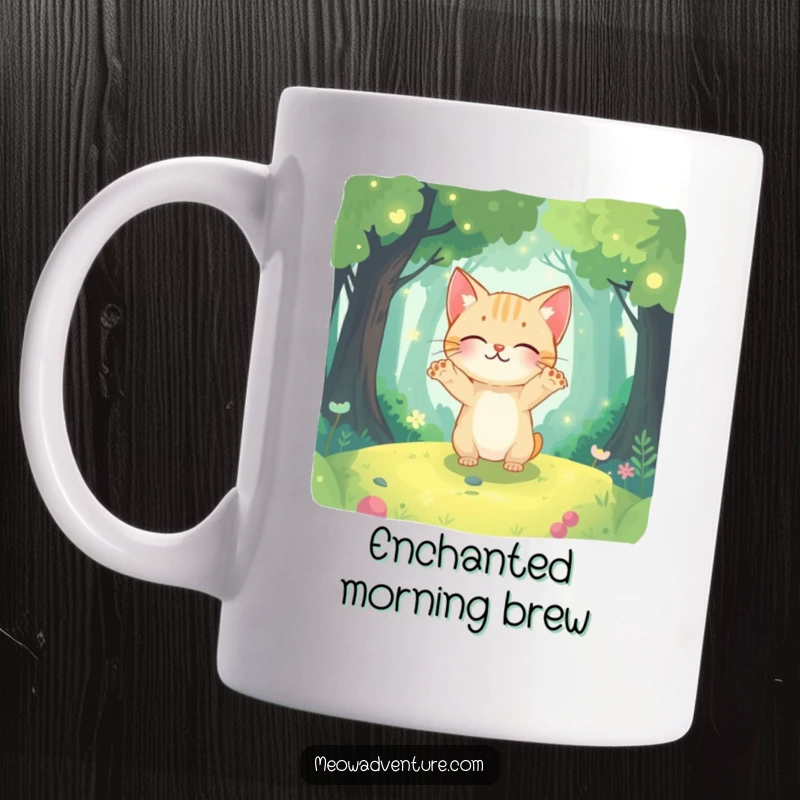 Funny ceramic mug featuring a curious cat with paws outstretched, exploring a magical, glowing forest with wonder.