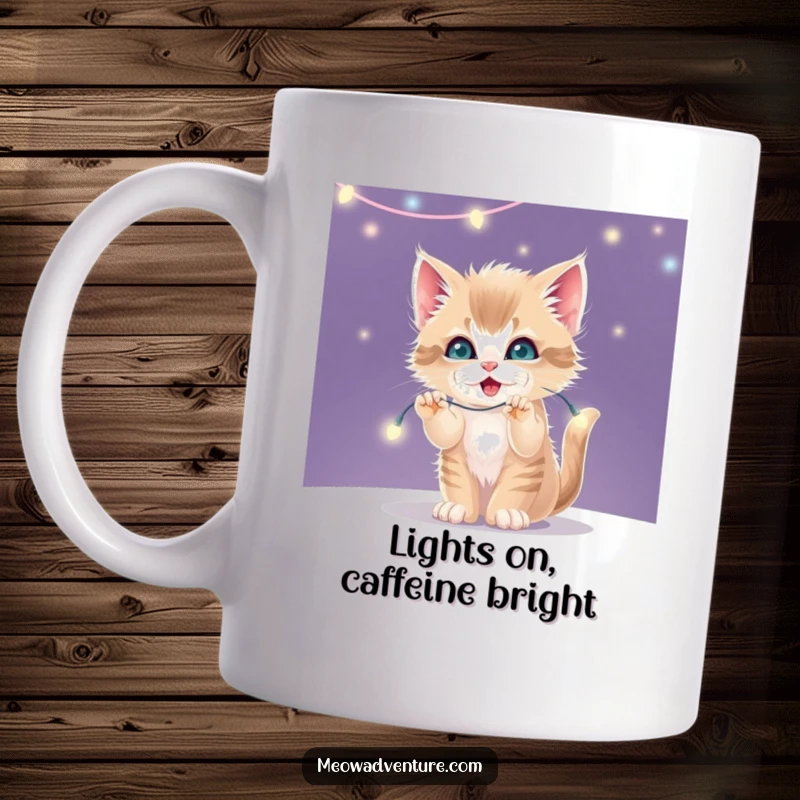 Funny ceramic mug with a mischievous kitten batting playfully at a string of twinkling fairy lights.